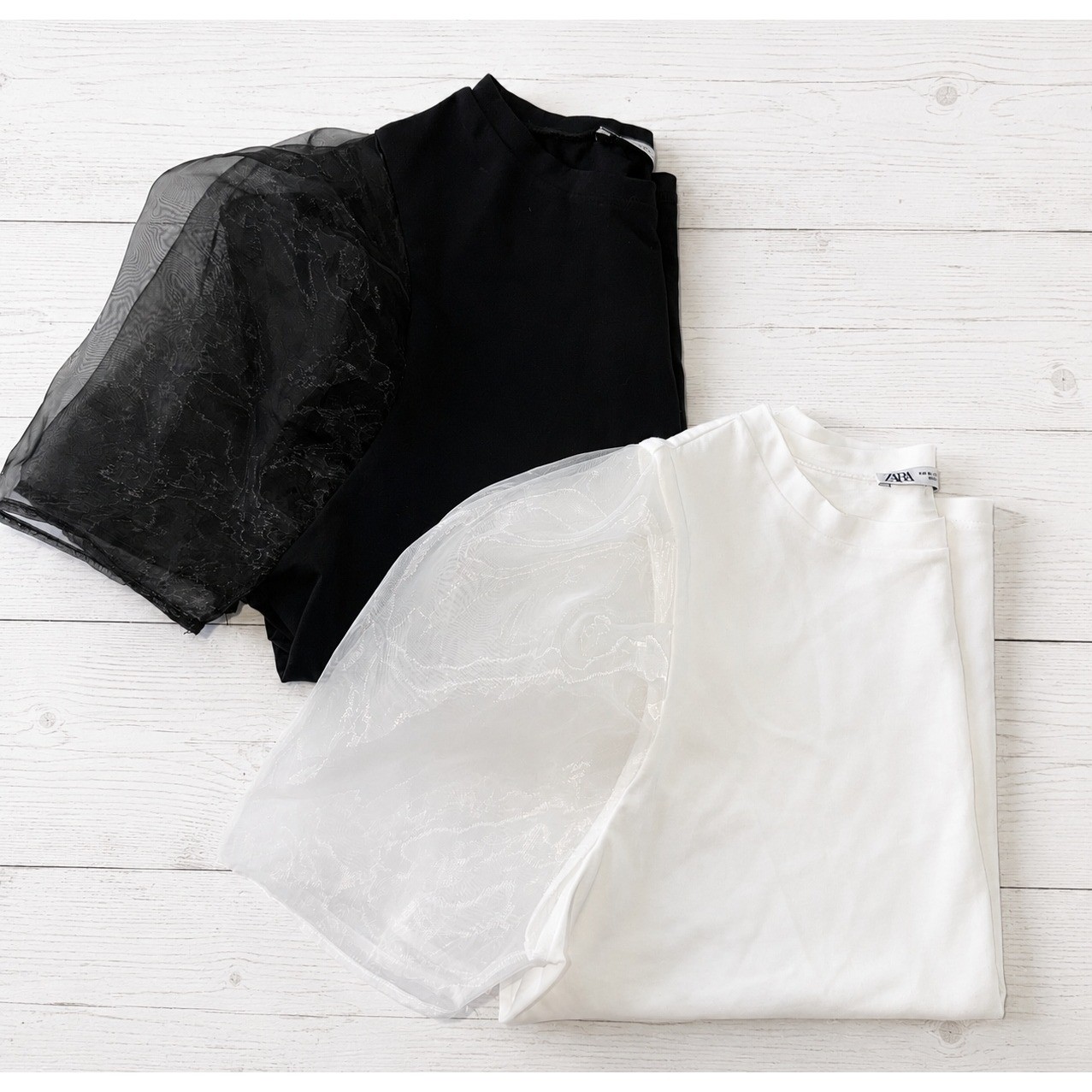 Zara Set of 2 Organza Puff Sleeve Tops Black White Size Medium Crew Neck Tee