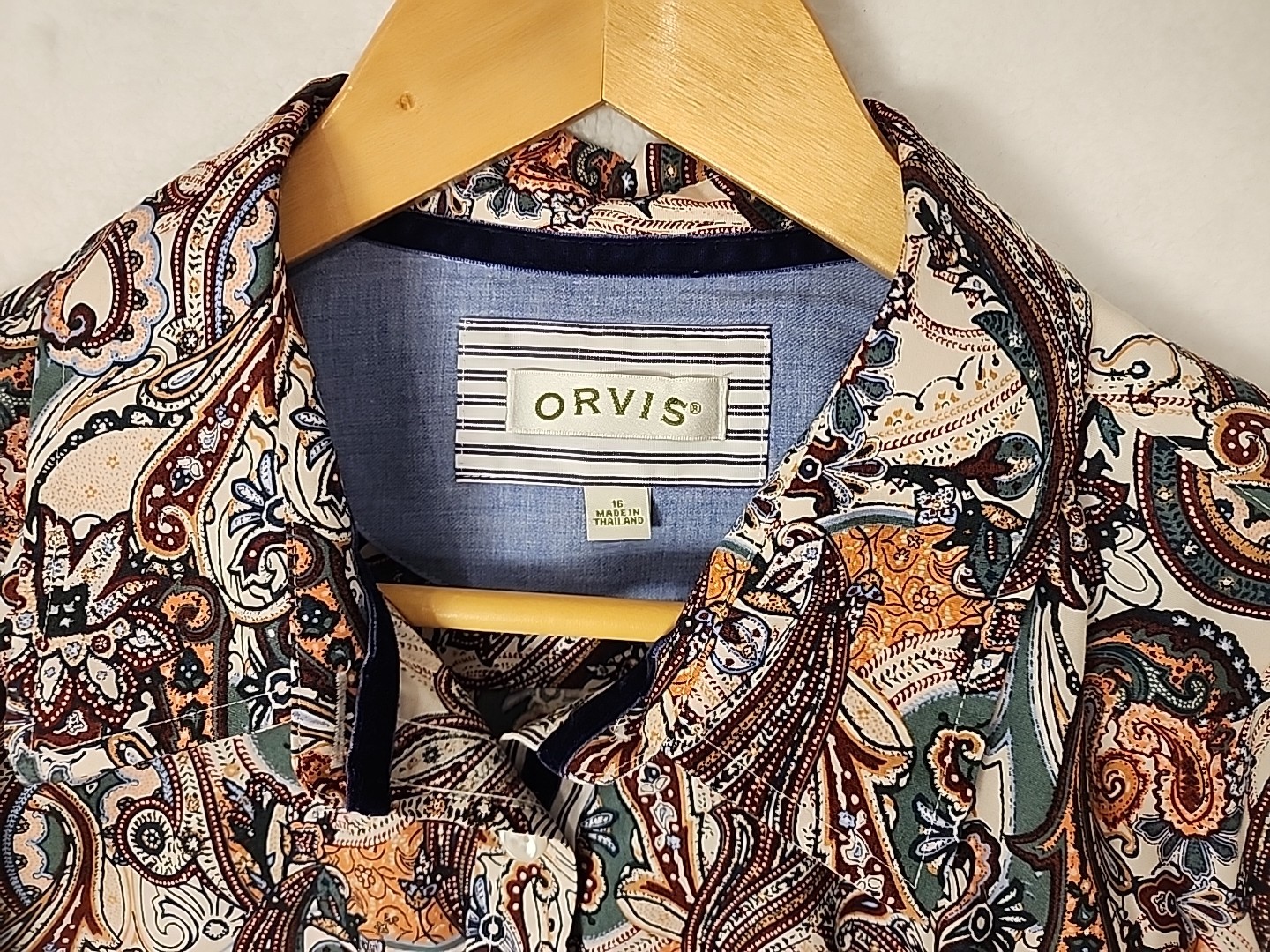 Orvis Shirt Top Khaki Green Rust Black Paisley Button Up Long Sleeve Cotton 16