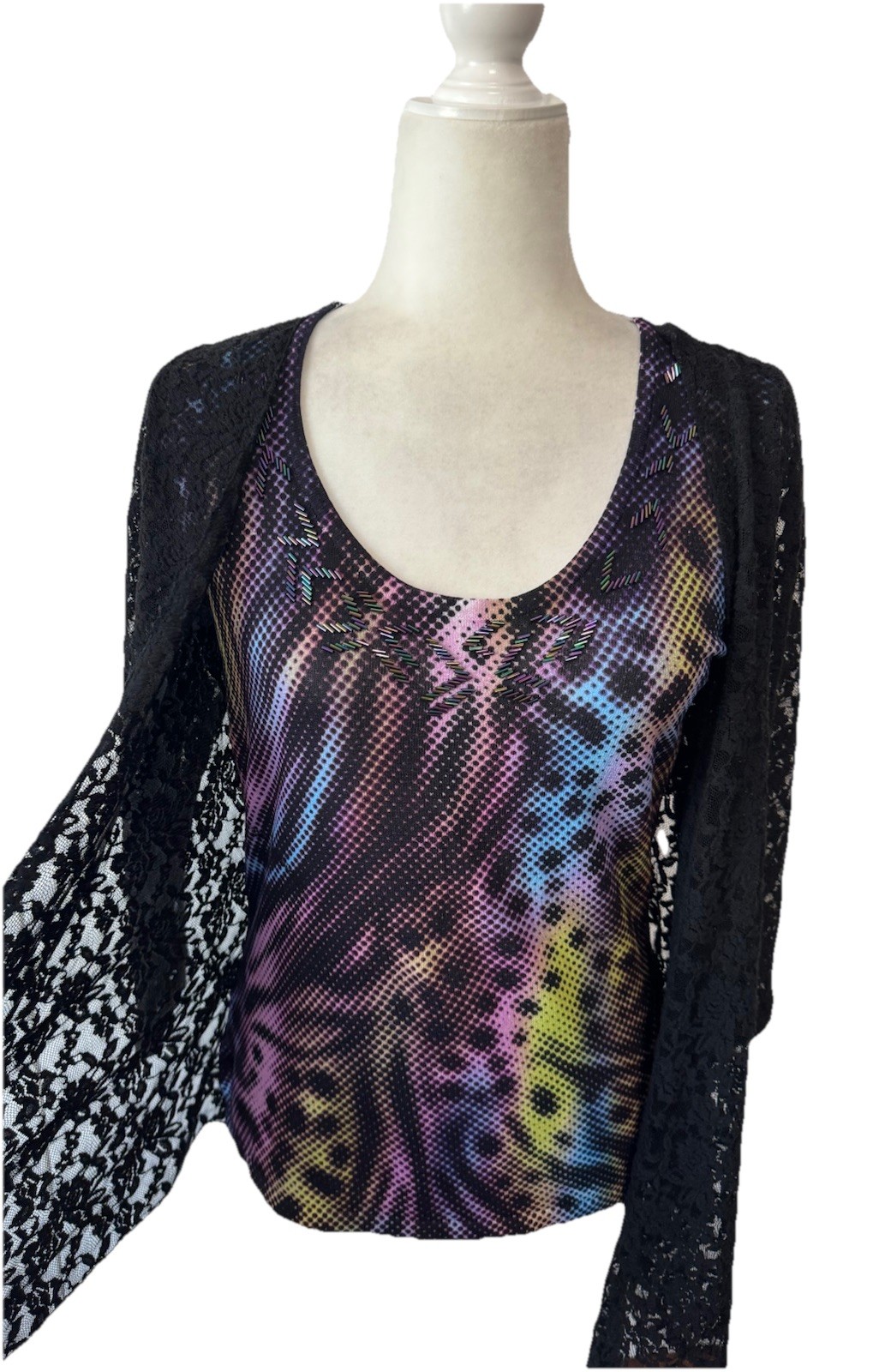 Alberto Makali Top Double Layer Stretch Floral Lace Overlay Beaded Sz M