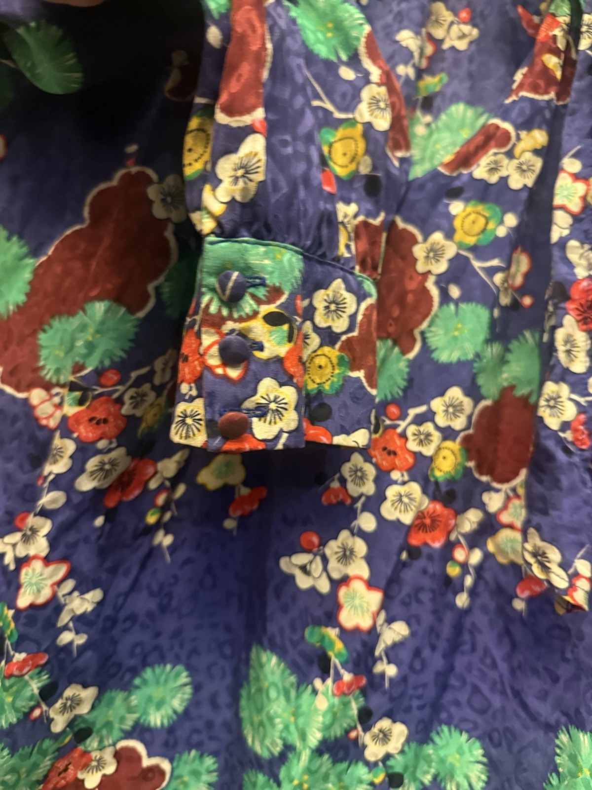 RIXO Women’s Blue Multicolor Floral Silk Satin Tie-Neck Blouse Long Sleeve L