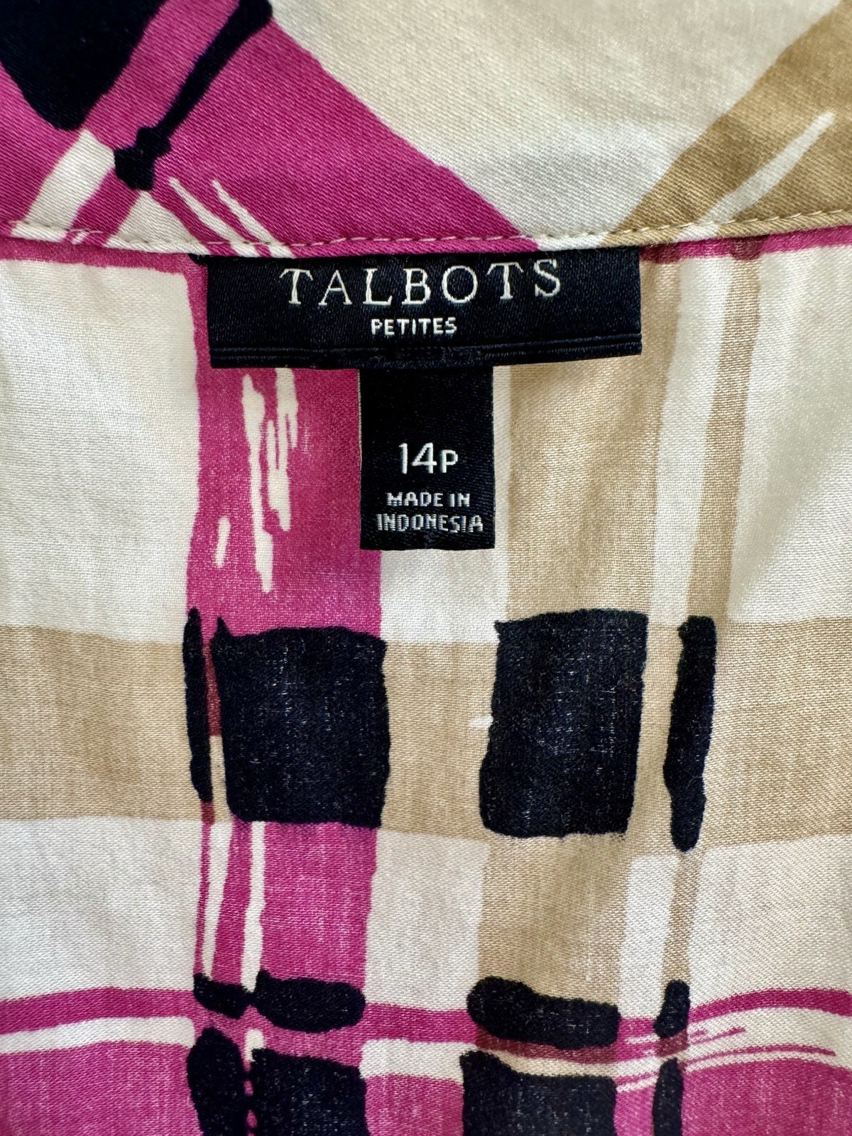TALBOTS PETITE Magenta Black Tan&Ivory Sleeveless Blouse Cotton Slits (14P) NWOT