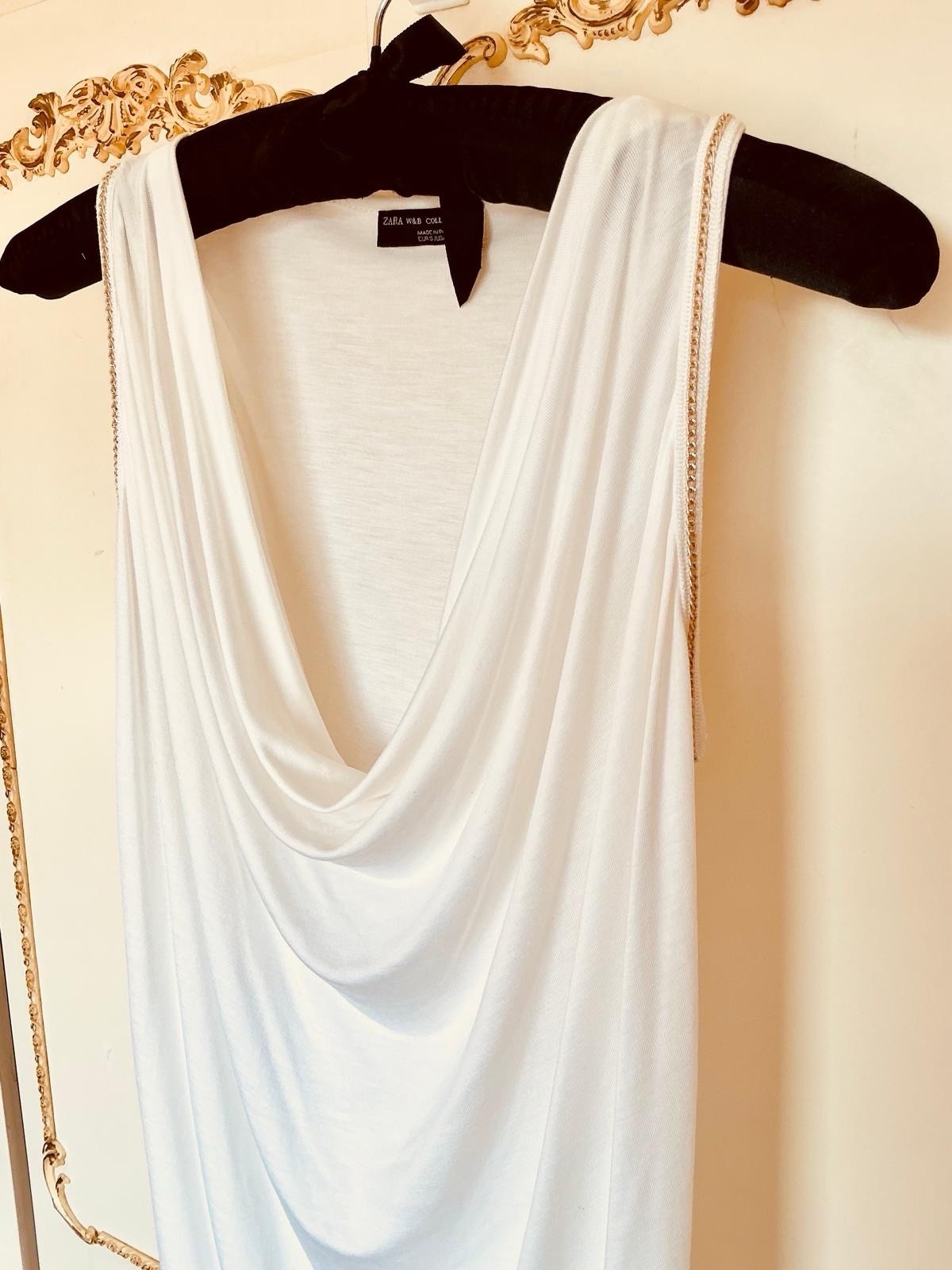 H&M Size S ( 10 – 12 ) Ivory / Gold Chain Trim Drape Neck Silky Jersey Top. VGC