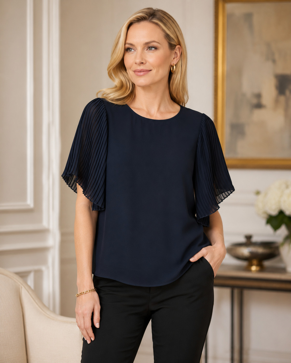 Worthington Pleated Sleeve Blouse Size M Black Career Party Festive Dressy