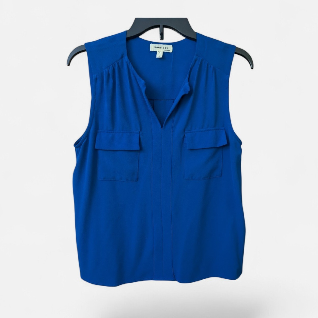 Monteau Blue Solid Sleeveless V-Neck Pullover Blouse w/ Pockets Size L