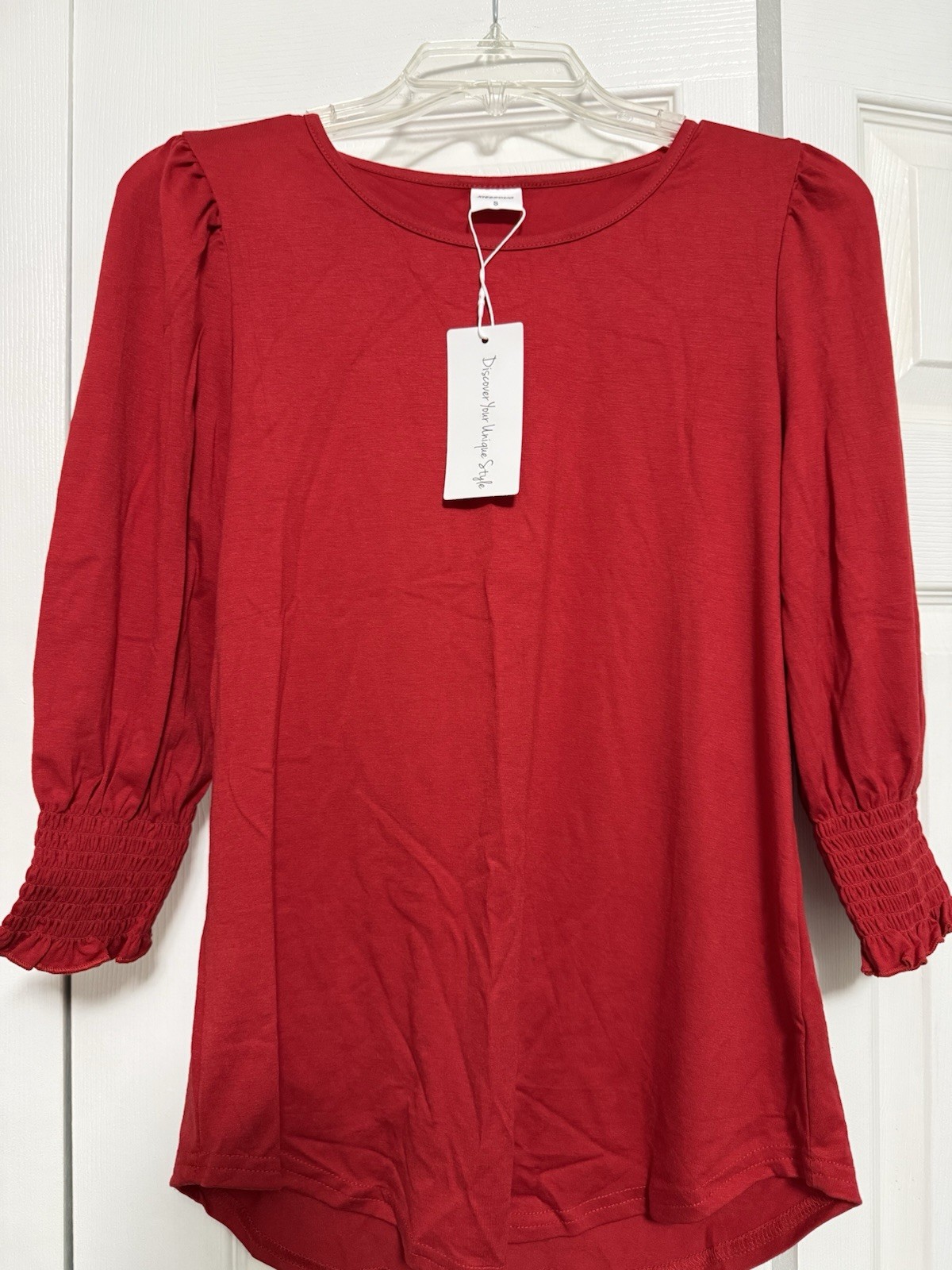 XIEERDUO Solid Red 3/4 Smock Cuff Sleeve Round Neck Pullover Top S