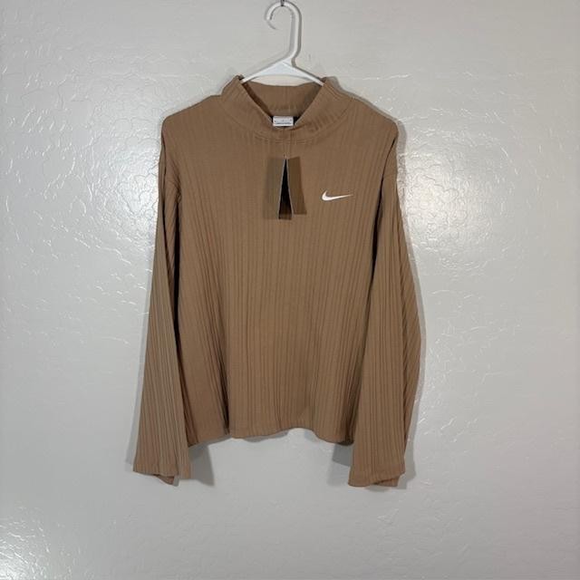 Nike Shirt Womens Medium Brown Ribbed Mock Neck Long Sleeve Swoosh DM6399-200