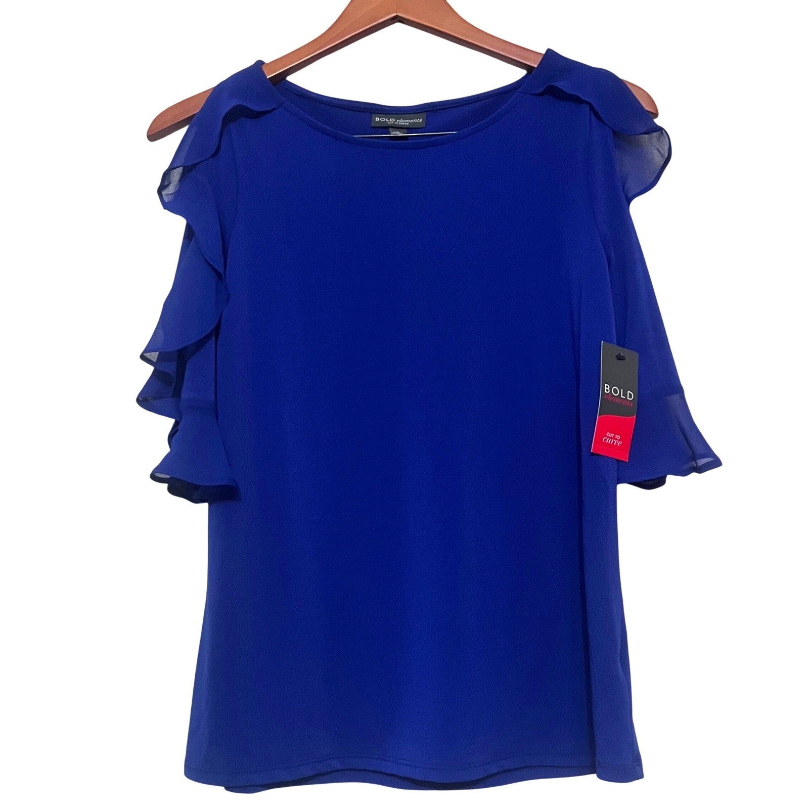 Bold Elements Women Sapphire Blue Flowy Cold Shoulder Ruffle Blouse NEW Small