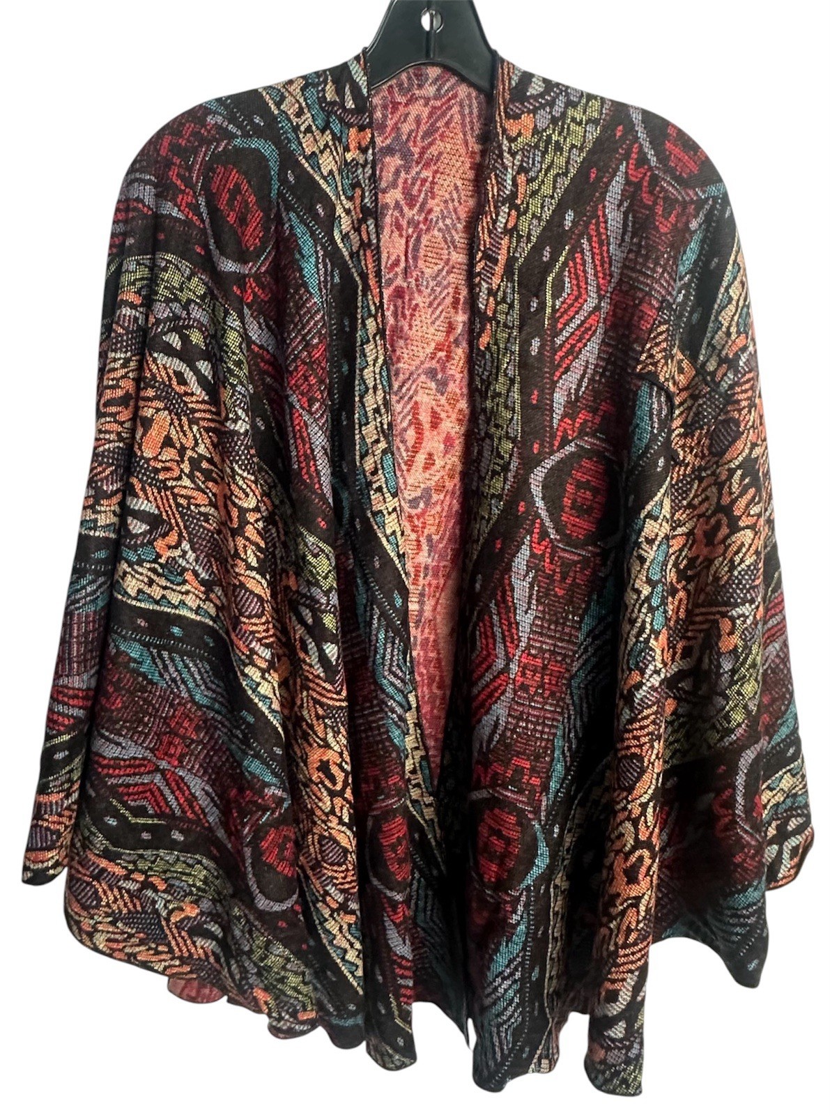 100% Cashmere Southwestern Aztec Boho Knit Open Front Cape Poncho Wrap Cardigan