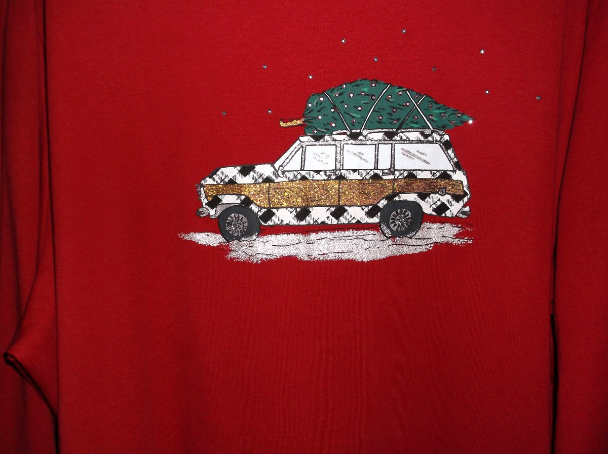 NWOT 💥 KAREN SCOTT 💥 WHIMSY Embellished Top Christmas Tree Car Graphic 3X