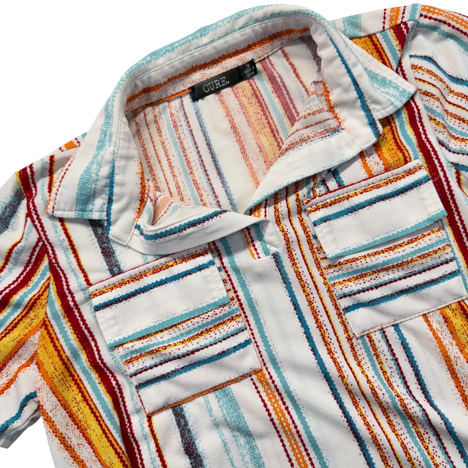 Striped Popover Blouse Womens M Collared Stretch Shirt Pockets Lightweight