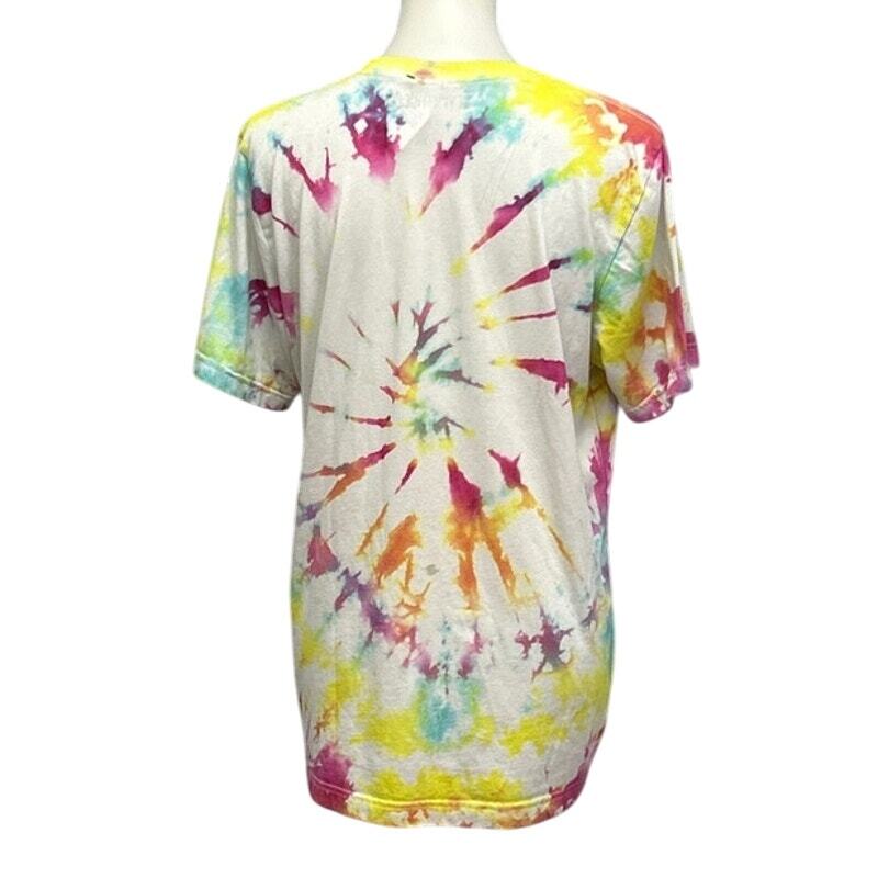 Hand Printed Upcycled Womens Large Tie Dye Dragonfly PolyCotton Short Sleeve Tee