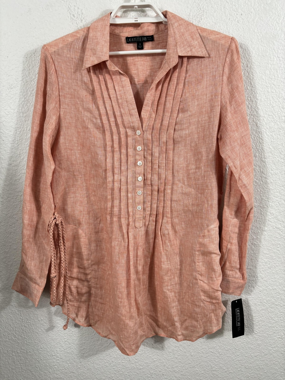 Lafayette 148 New York Tunic Shirt Womens 8 Orange Linen Pintuck Pockets NWT