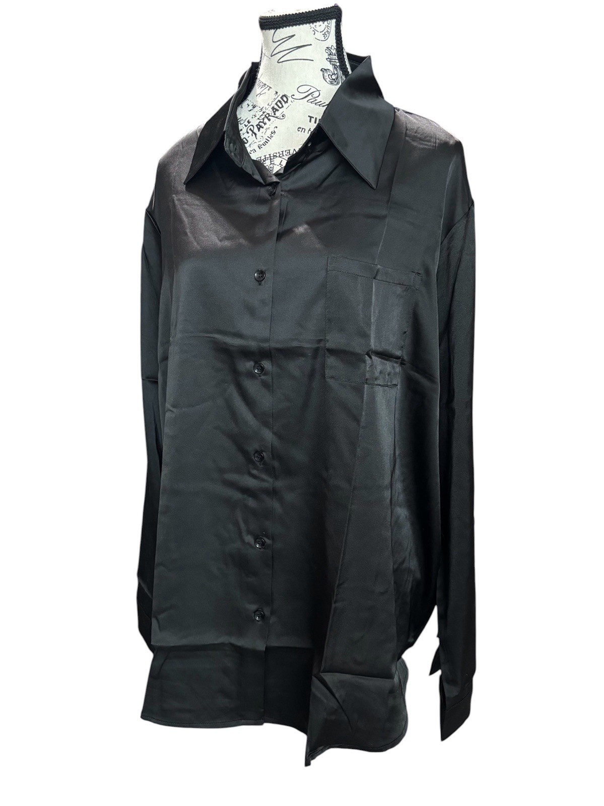 Black Satin Look Long Sleeve Blouse, Size 28W 4XL, Button Up, Poly Spandex Blend