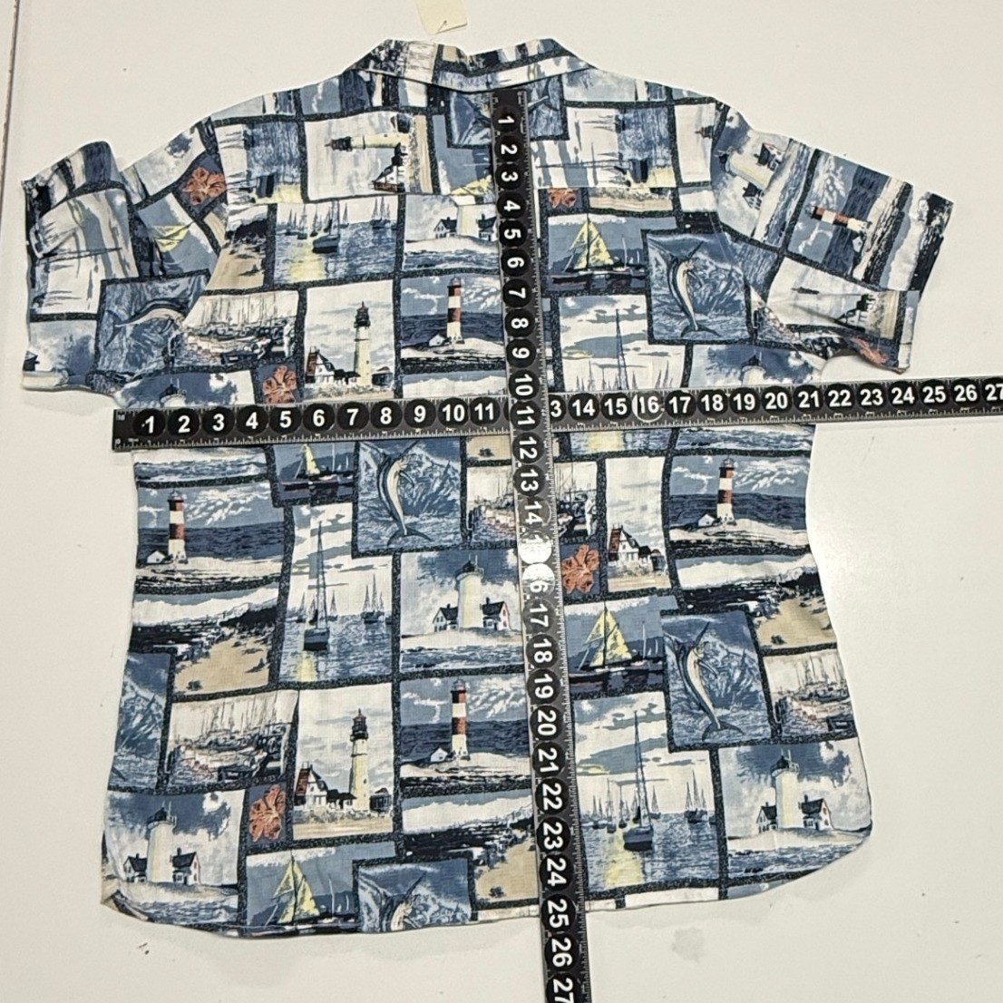 Nautical Lighthouse Sailboat Shirt Top Womens Large Short Sleeve Button Up NEW