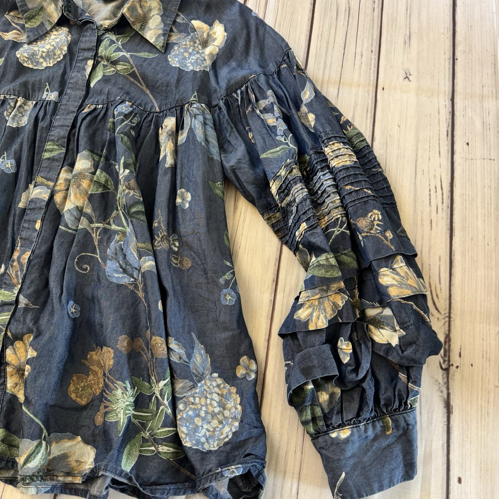 Gracia Floral Tencel Boho Peasant Blouse Pintuck Balloon Sleeve Women Large