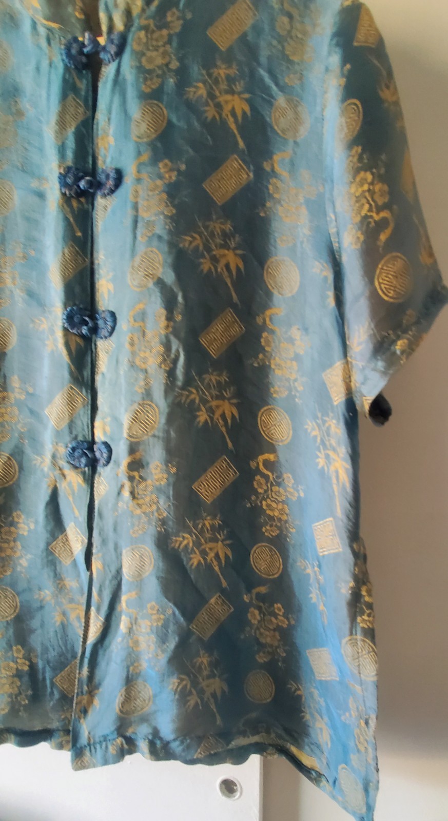 Blue Dragon by Rita Stein Asian/Chinese Women Top Blue & Gold Floral XL