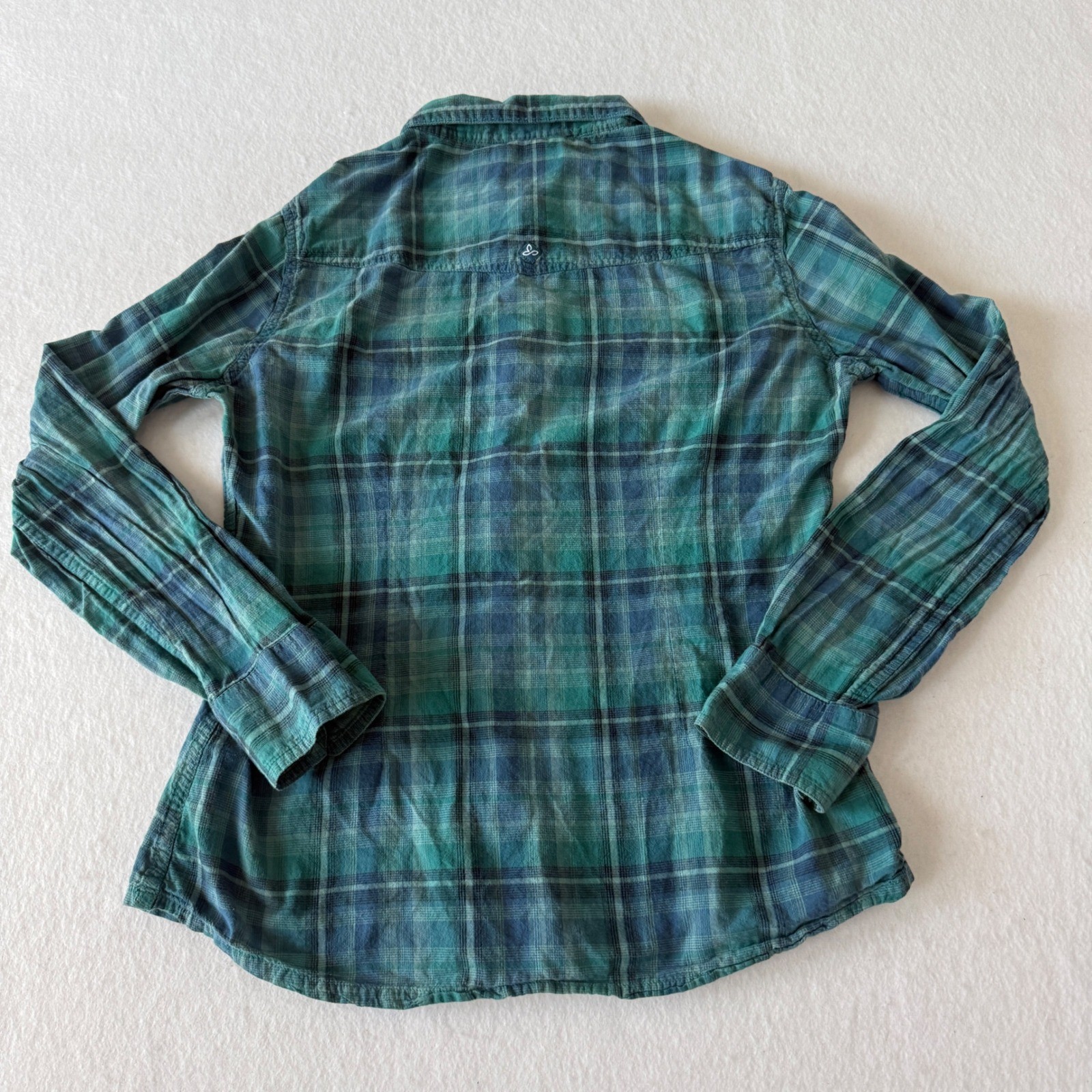 Prana Plaid Cotton Button Up Shirt Womens L Teal Green