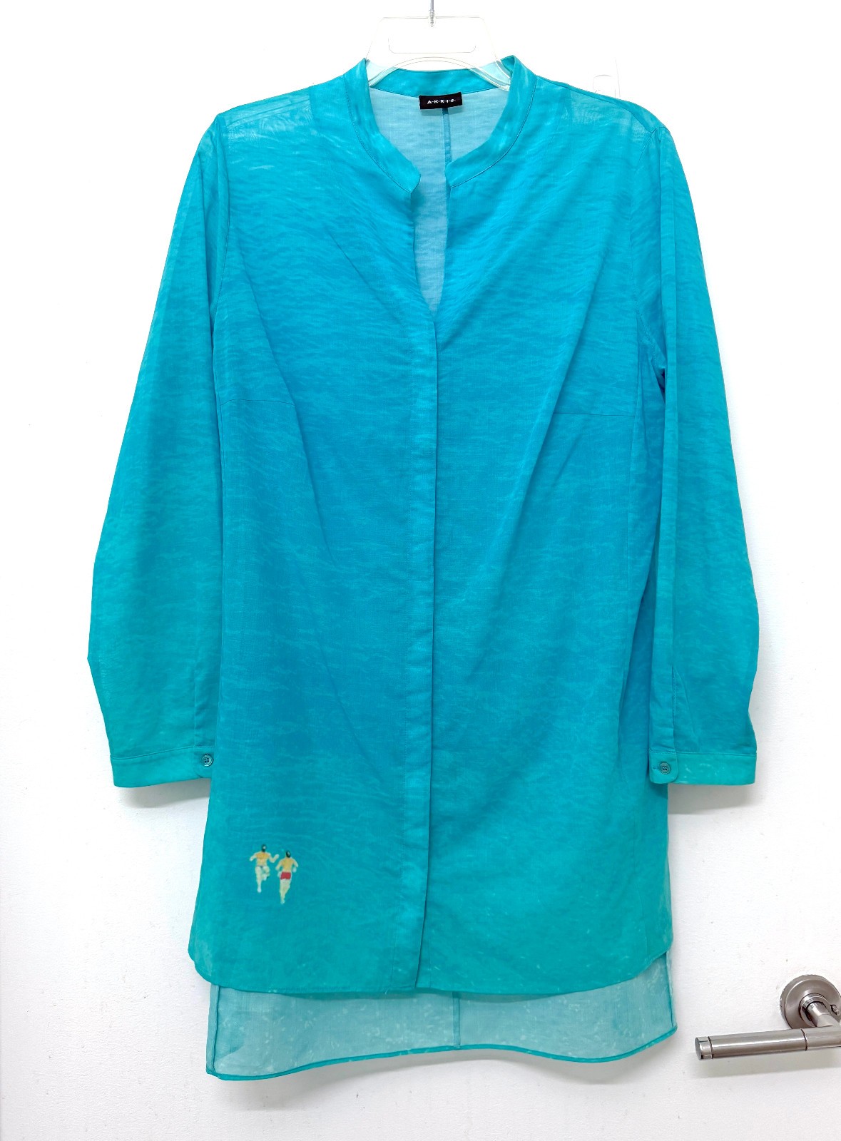 Akris Swimmer in Antigua Print Tunic Top Blouse Cotton Ocean Water Aqua Blue 14