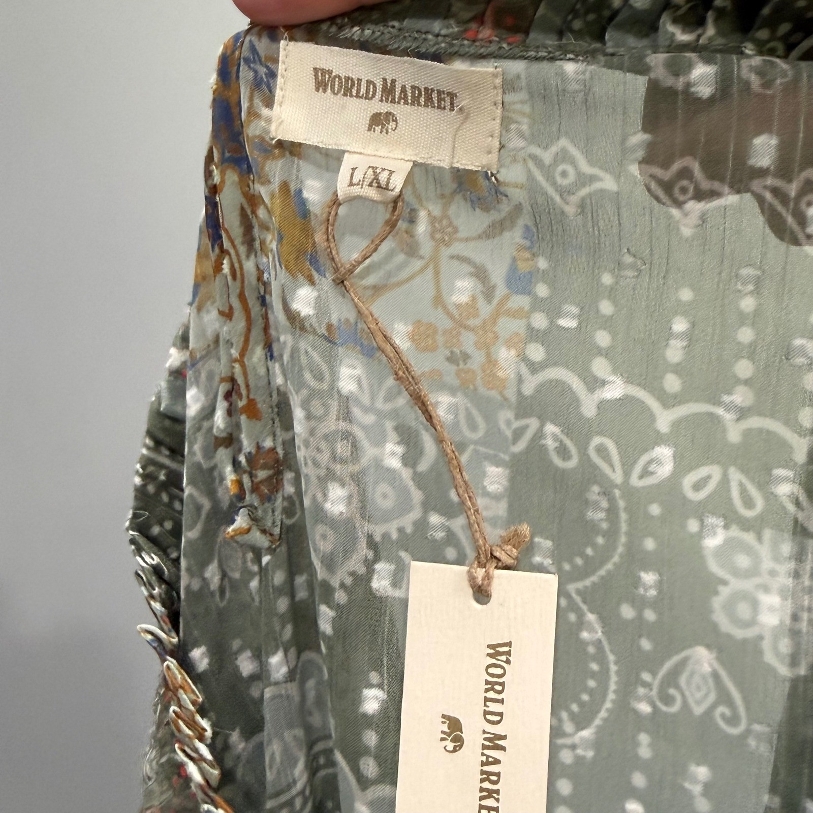 World Market Sage Green Paisley Floral Patchwork Sheer Blouse L/XL NWT