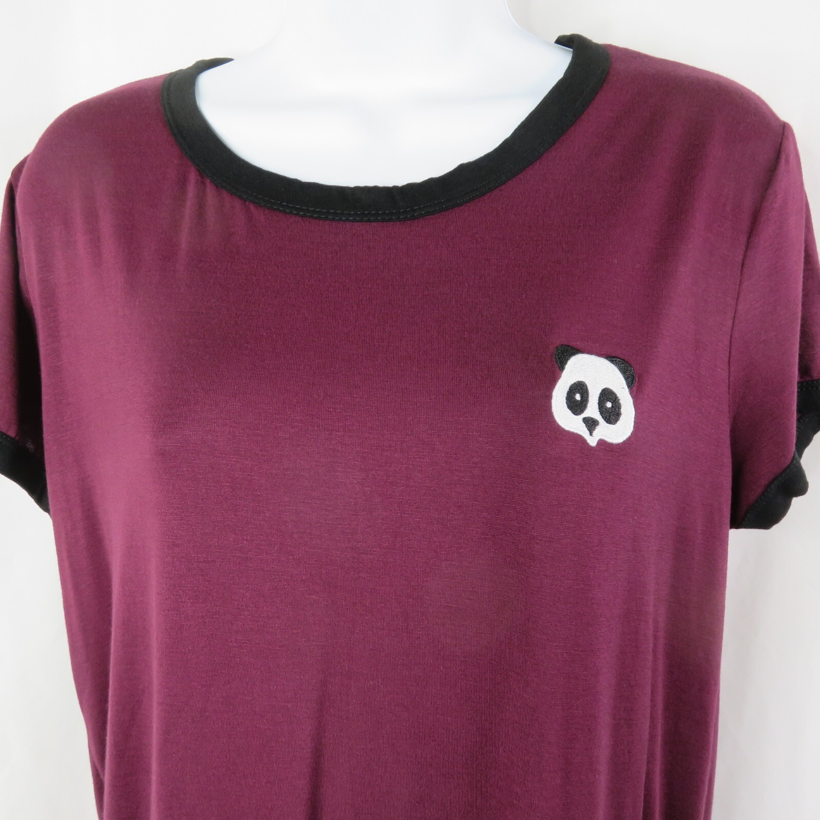 French Pastry Panda T-Shirt Size XL Embroidered Burgundy Ringer Tee Shirt SS