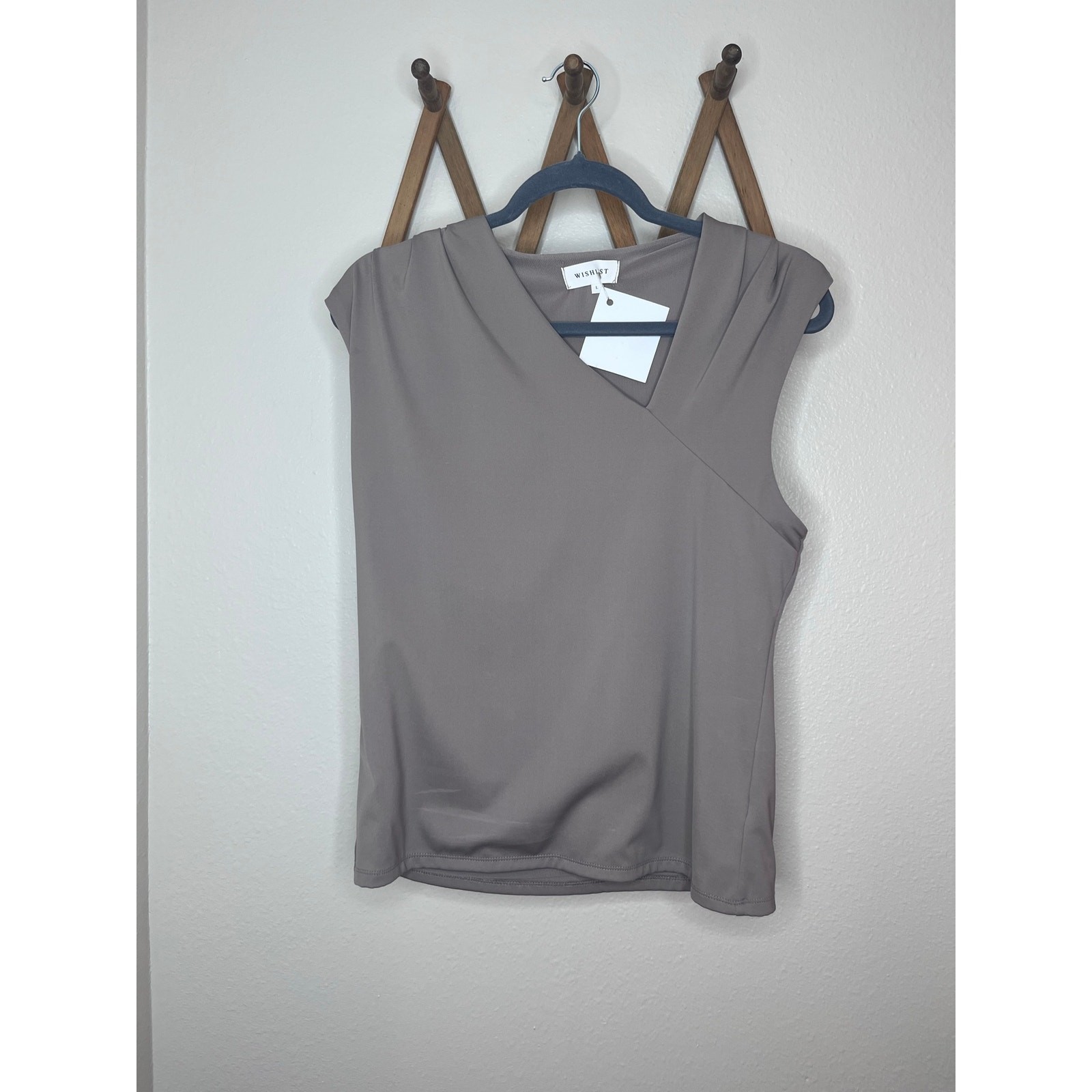 WISHLIST Taupe Grey Asymmetrical Neckline Sleeveless Top L