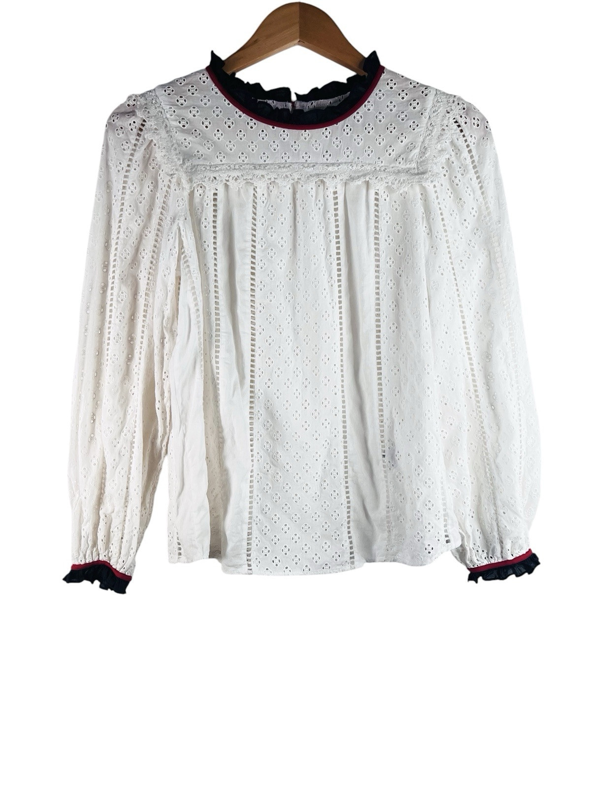 BA&SH Bateau Neckline Long Sleeve Blouse White Eyelet Size 6