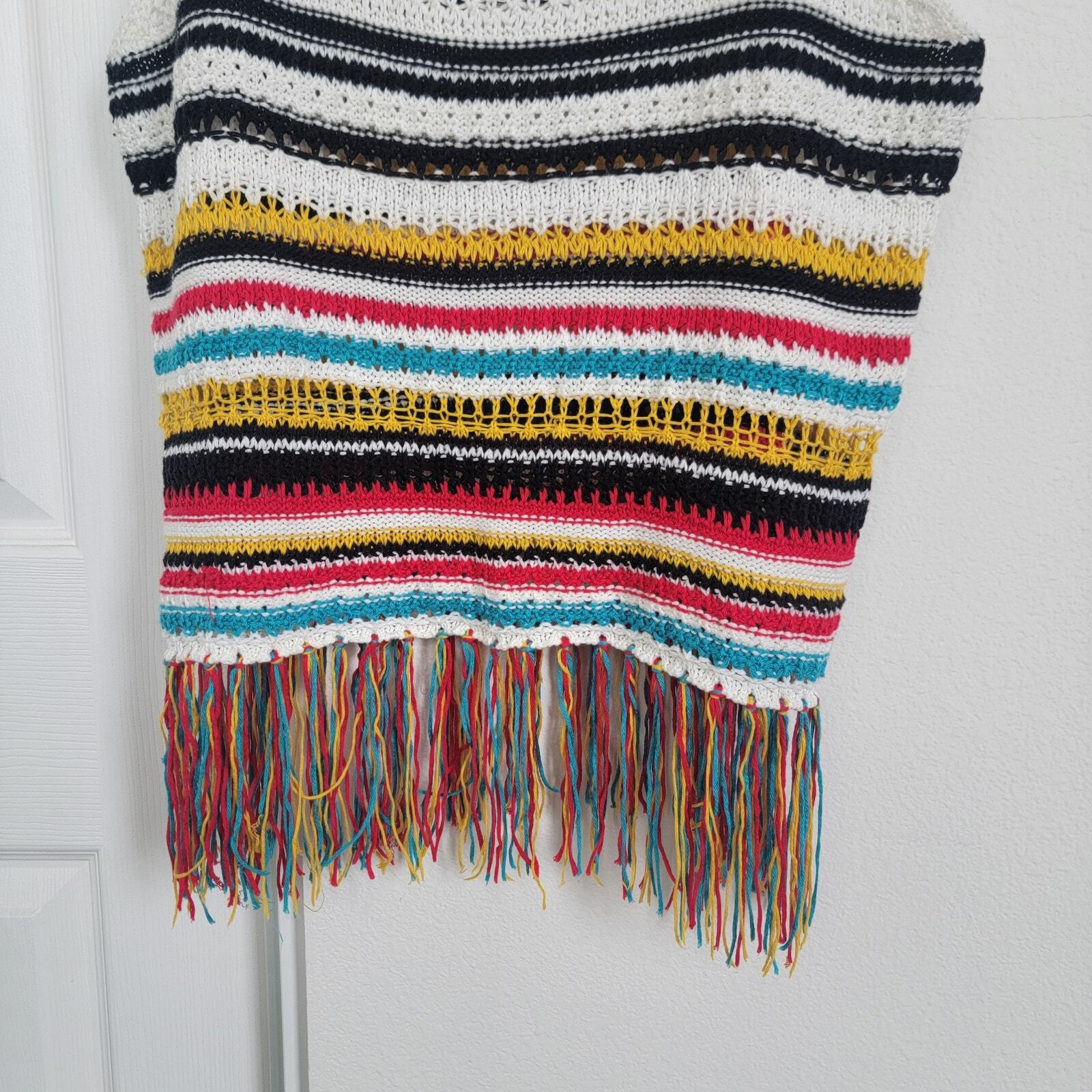L’Eccove Helsinki Knit Crochet Tank Top Striped Fringe Coastal Beach Cover Up SM