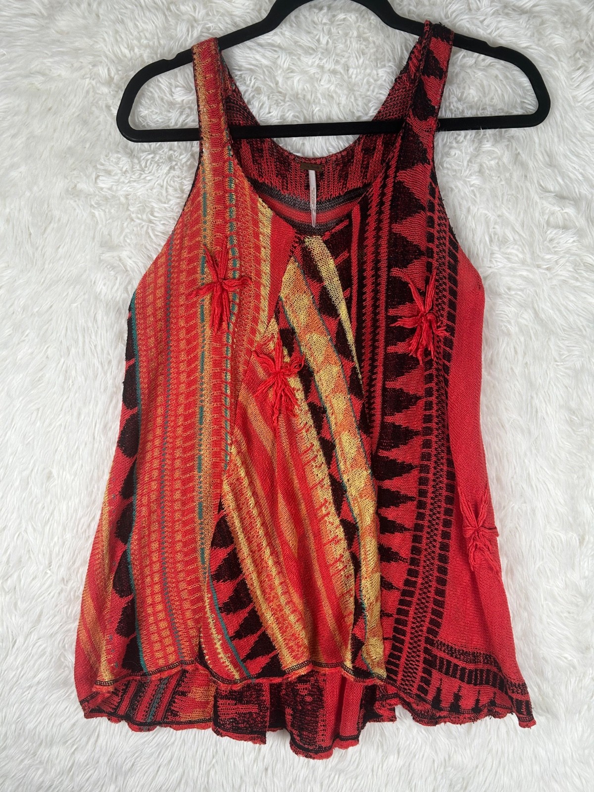 Free People Size L Orange/Red/Multi Knit Sleeveless Top Flowy Boho