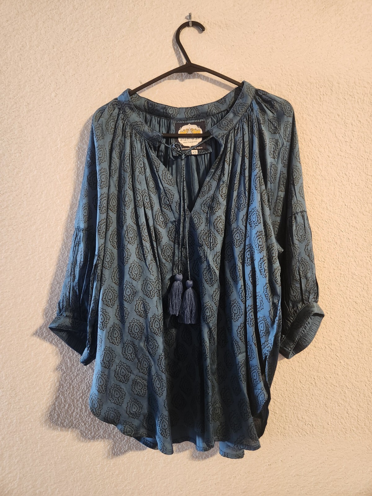 Alamwar Sundance Sachie Top blouse Slate blue Puffed Sleeves Tassel size XS
