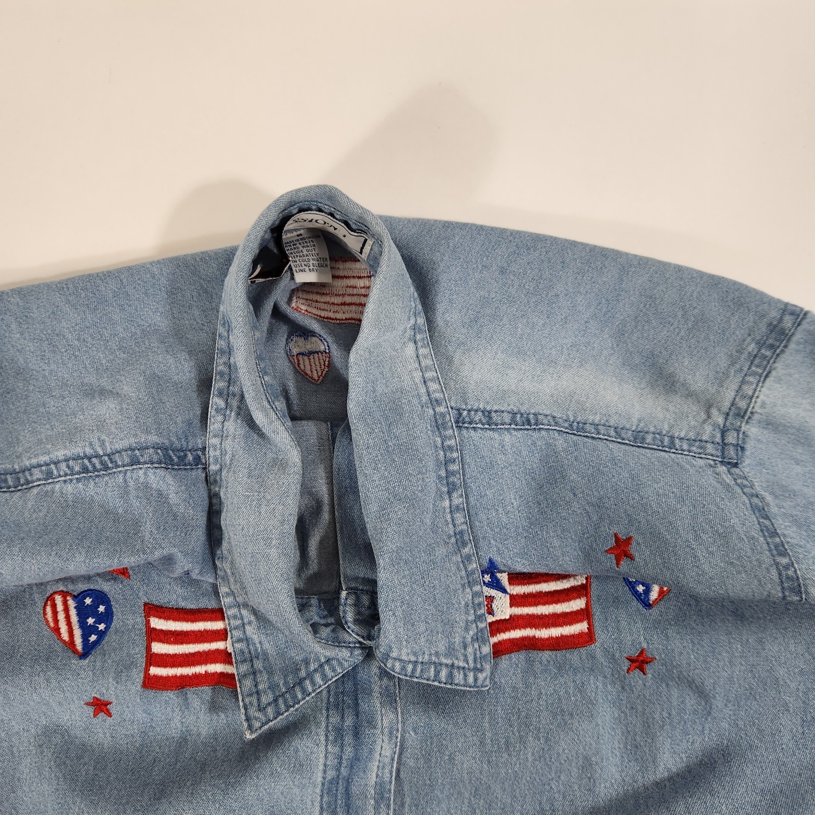 Y2K Passion-1 Denim Shirt Sz M Embroidered American Flag Patriotic 4th July VTG