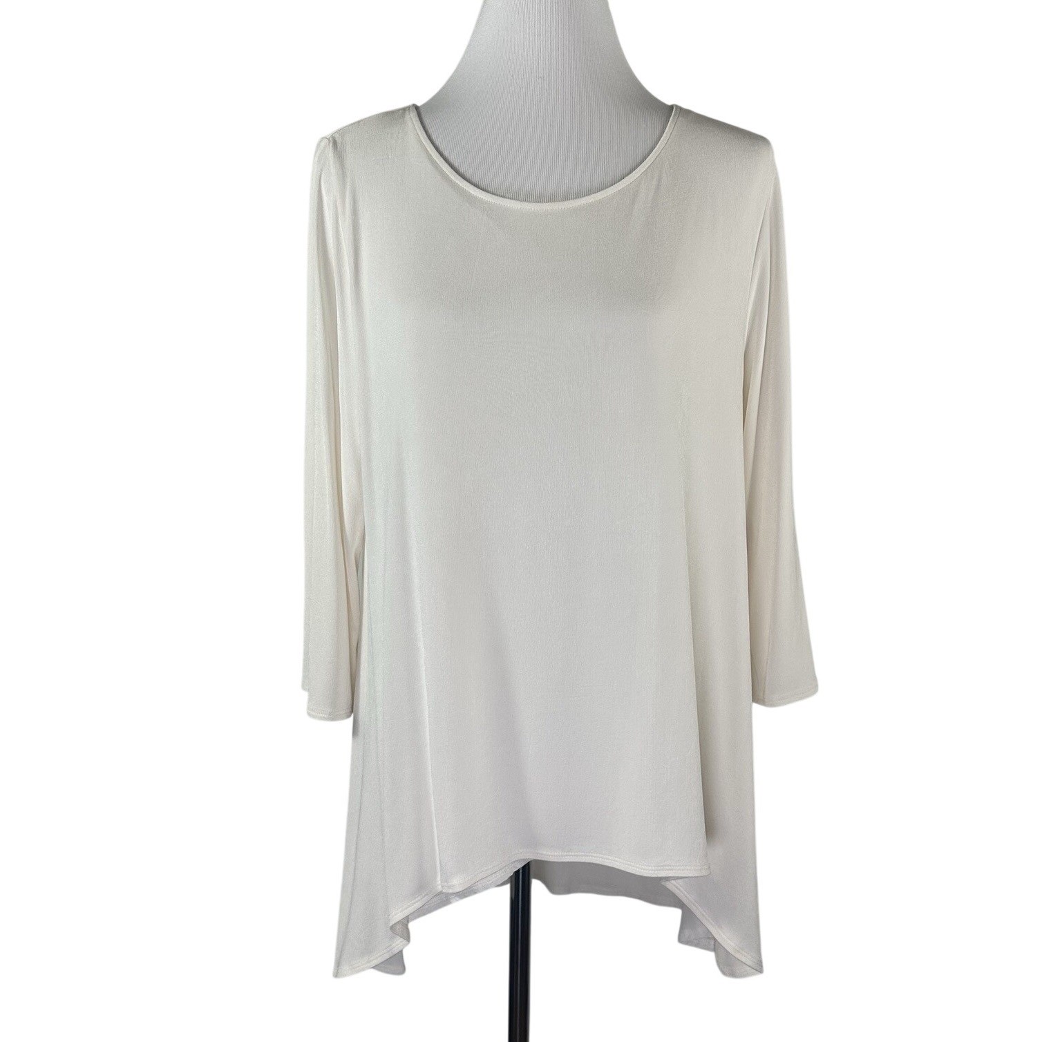 Chico’s Travelers Cream Tunic Shark Bite 3/4 Tie Sleeve Scoop Neck Womens 2 US L