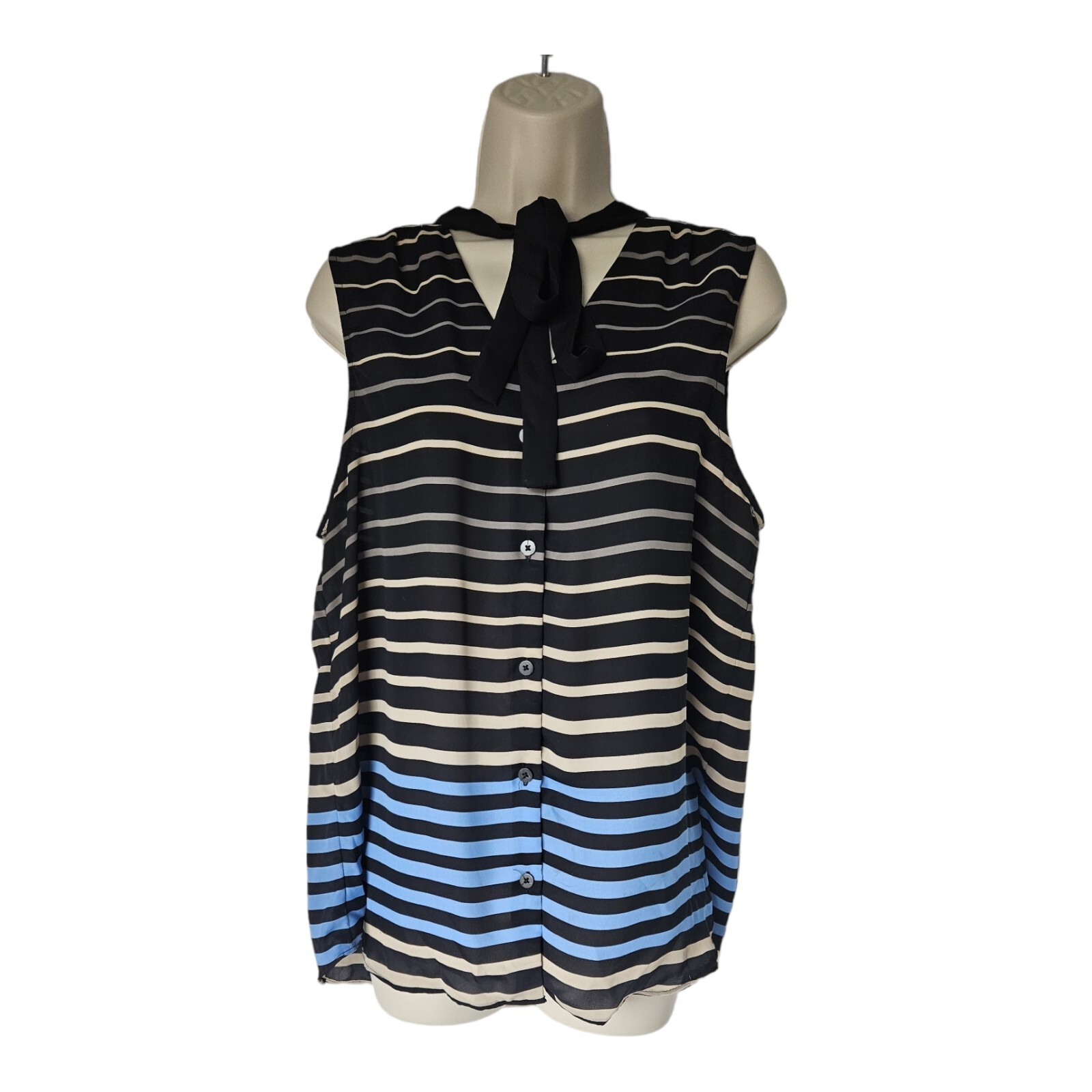 Elle Black Blue Tan Stripe Pussybow Sleeveless Tank Top Blouse Size Large