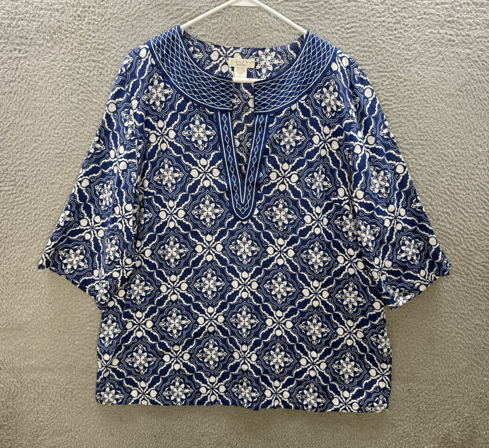 Tweeds Shirt Womens 1X Blue White Geometric Embroidered Linen Blend Coastal