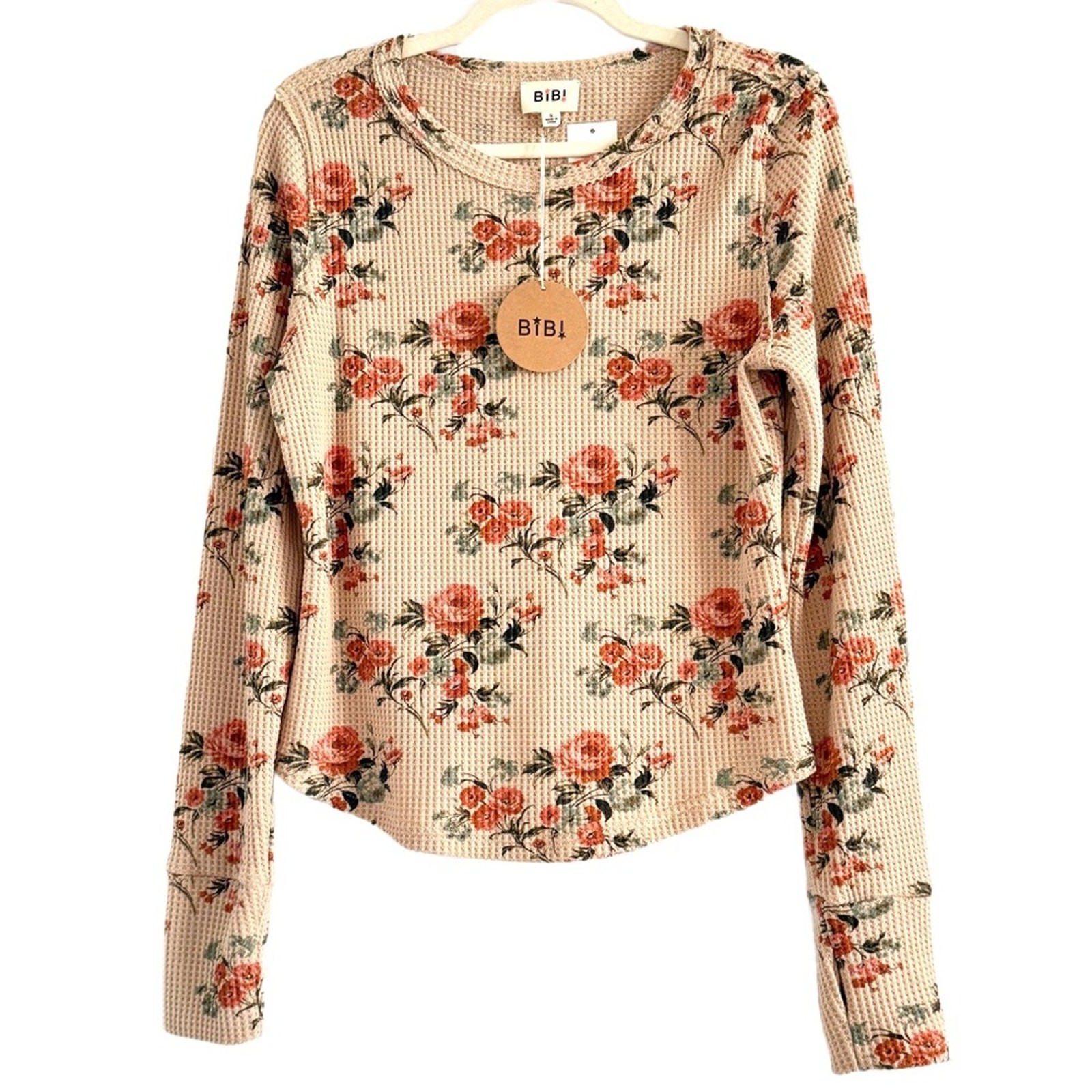 BiBi Floral Print Washed Waffle Thermal Top with Thumb