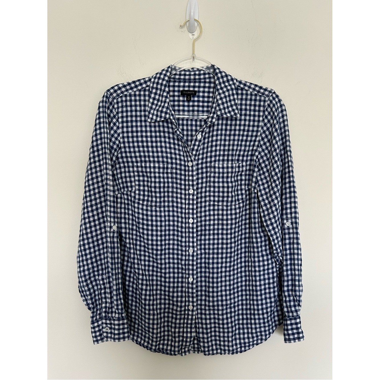 Talbots Linen Blue and White Gingham Tab Sleeve Button Shirt Size Medium