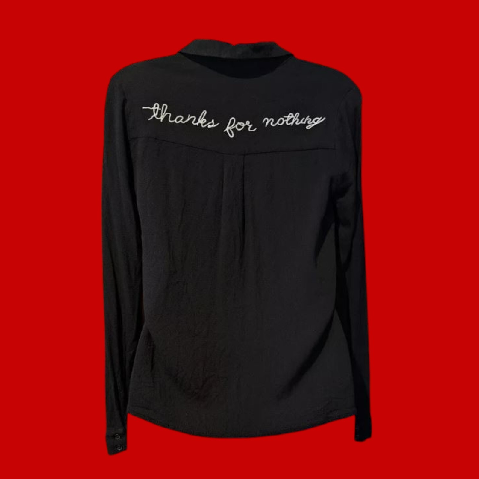 “THANKS FOR NOTHING” embroidered nihilistic emo scene kid shirt goth top XS S 3C
