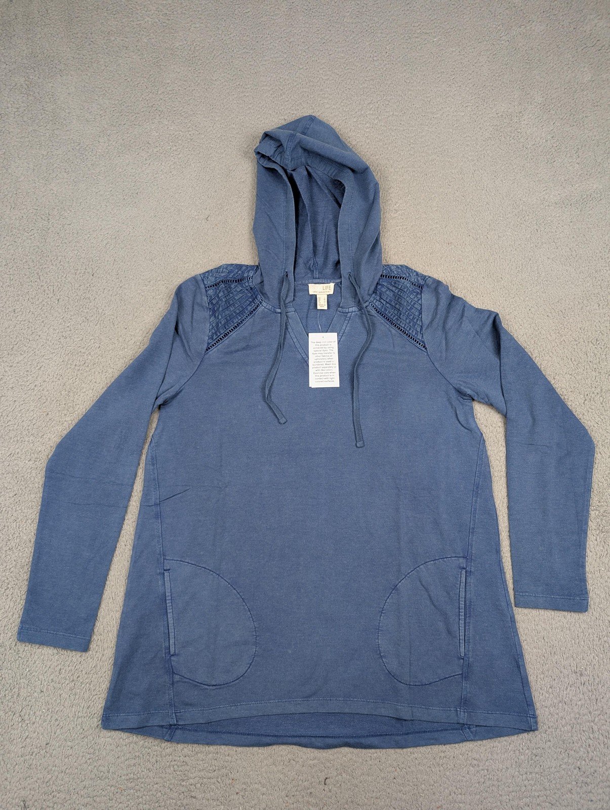 LOGO Life Lori Goldstein Shirt Womens Small Blue Hooded Tunic Top Pockets LS