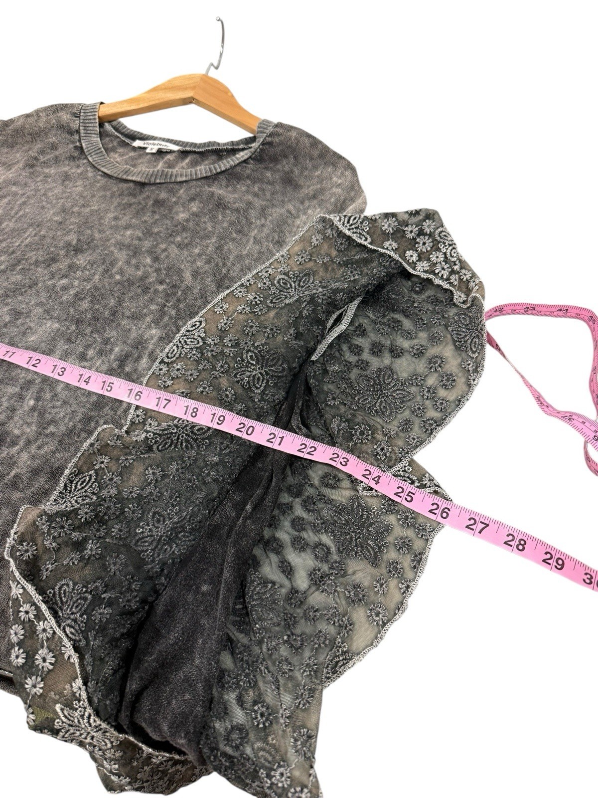 Violet Ruby Gray Black Mineral Wash Boho Hippie Lace Ruffle Tunic Top Womens M