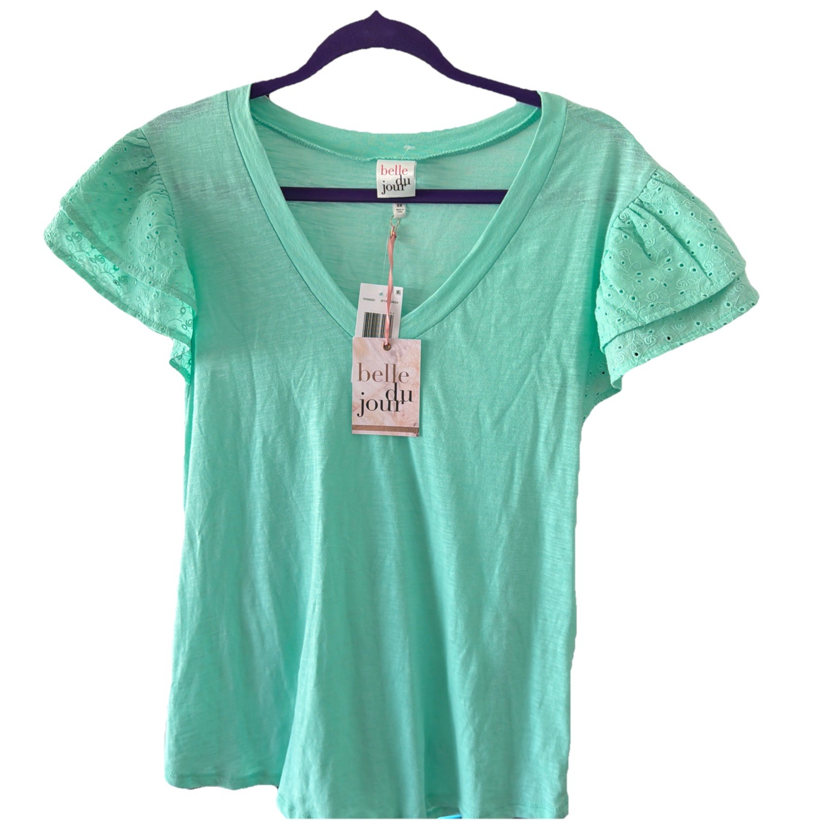 NWT Belle du Jour Shirt Size 0X Teal Short Eyelet Sleeve Soft 100% Cotton