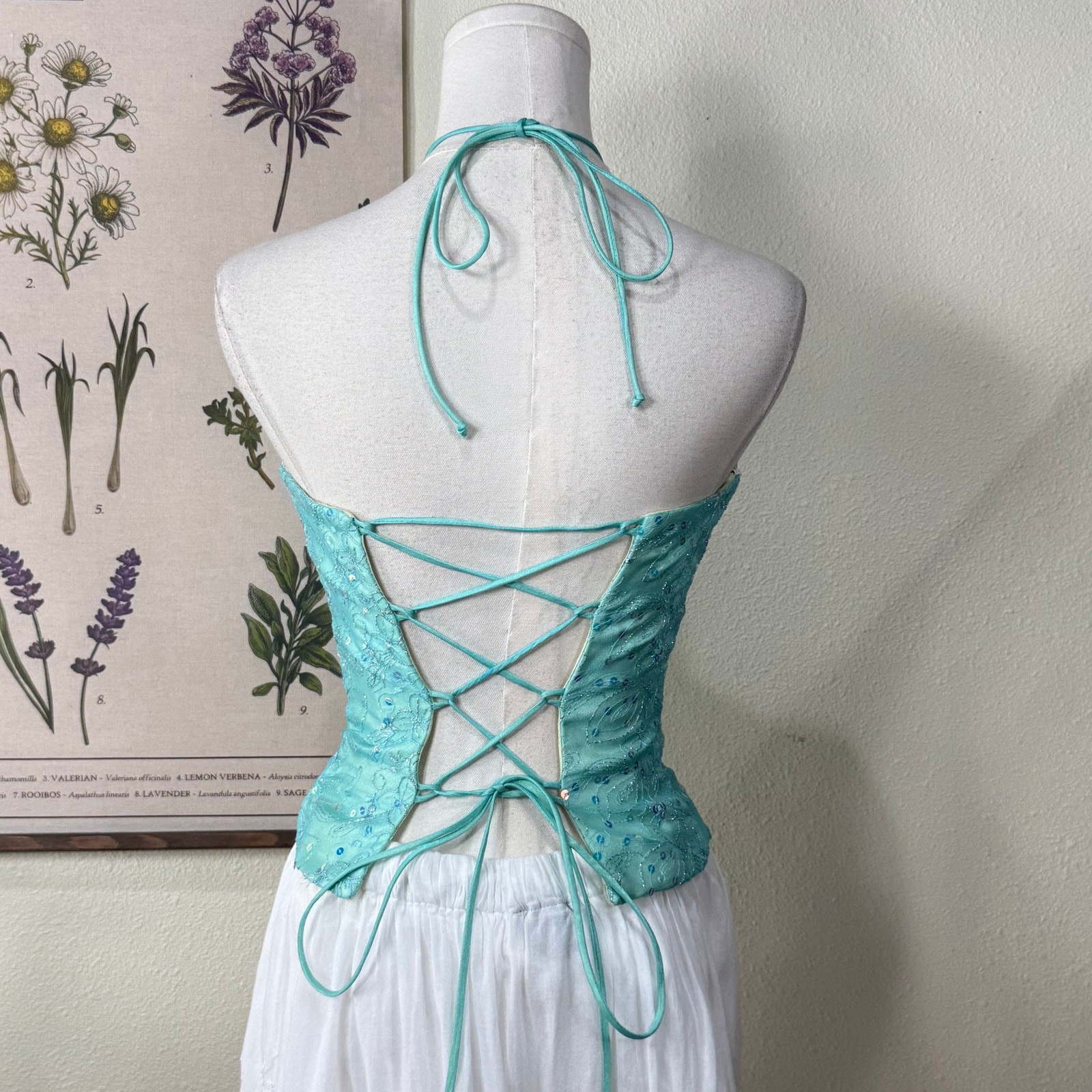 Y2k Lace Up Corset Back Sequin Embroidered Halter Top Mermaid Fairy Ethereal XS