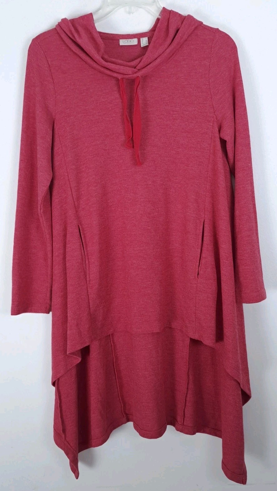 LOGO by Lori Goldstein Waffle Knit Pullover Hoodie M Berry Red Hi-Lo Hem Pockets