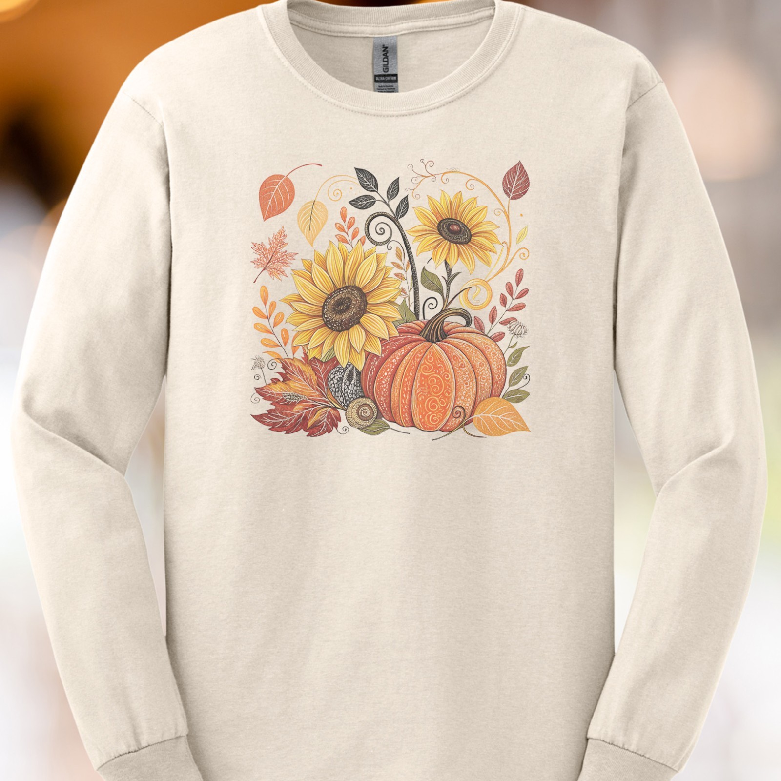 Sunflower Pumpkin Long Sleeve Autumn Shirt Fall Floral Leaves