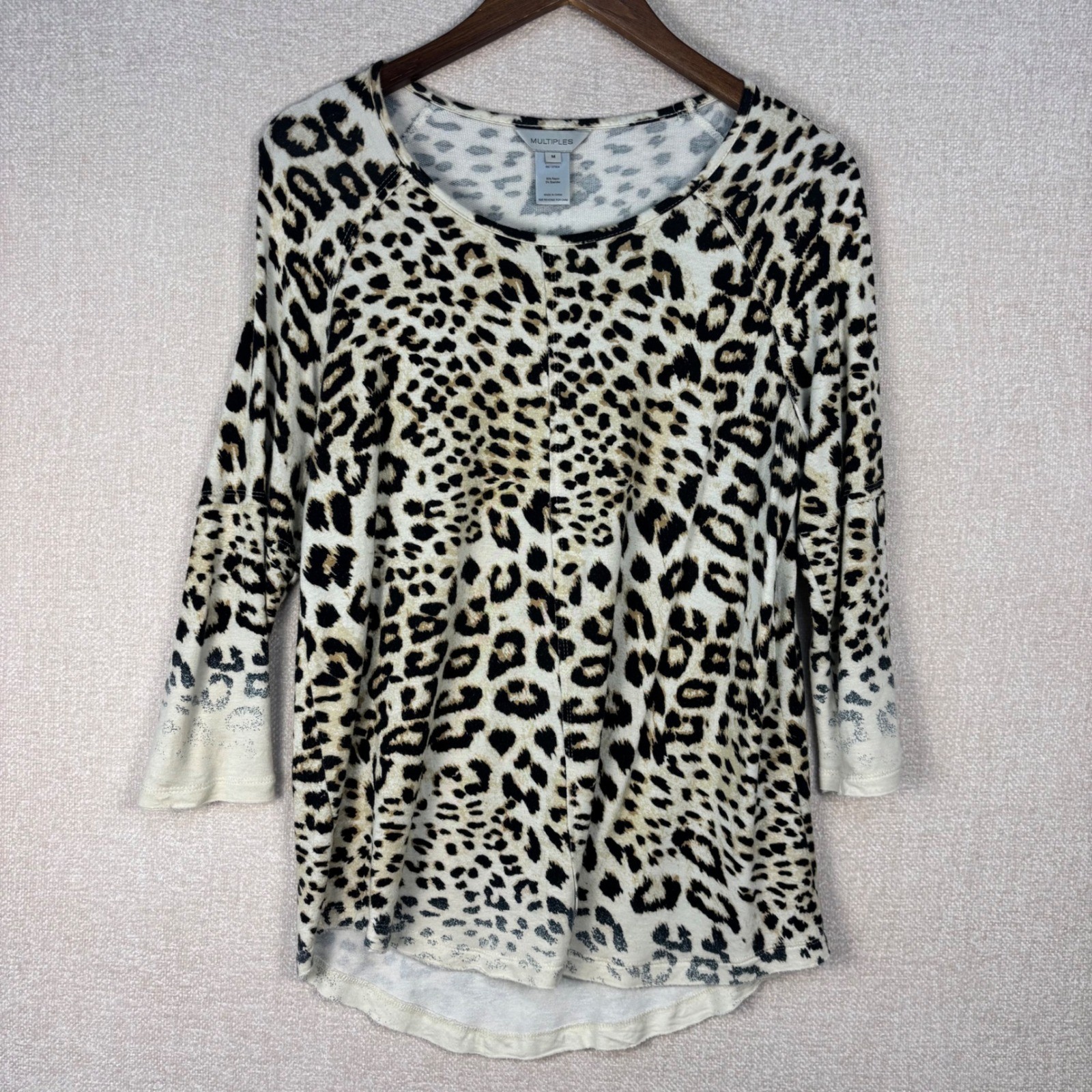 Multiples Womens Leopard Print 3/4 Sleeve Scoop Neck High Low Top Tan Black Med