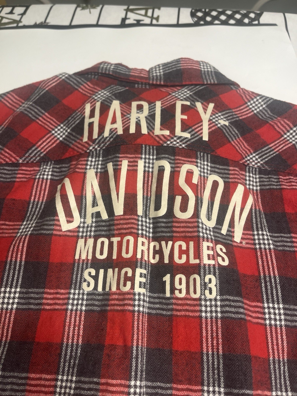 Harley Davidson Embroidered Logo Front & Back Snap Button Red Black Plaid Shirt
