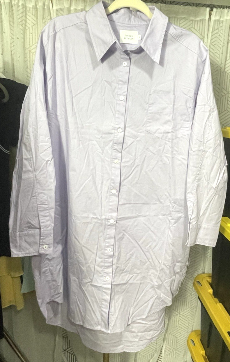 Things Between Lilac Button Shirt Dress S Oversized Long Sleeve Cotton Mini EUC