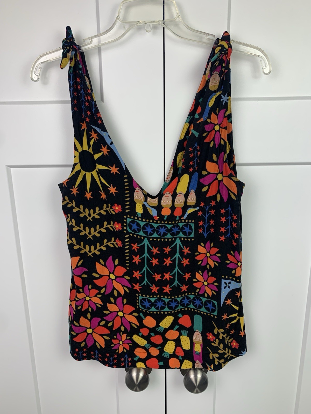 Cantao Brazil MEDIUM Tie Strap Tank Top Vibrant Tribal Festival V Neck Boho