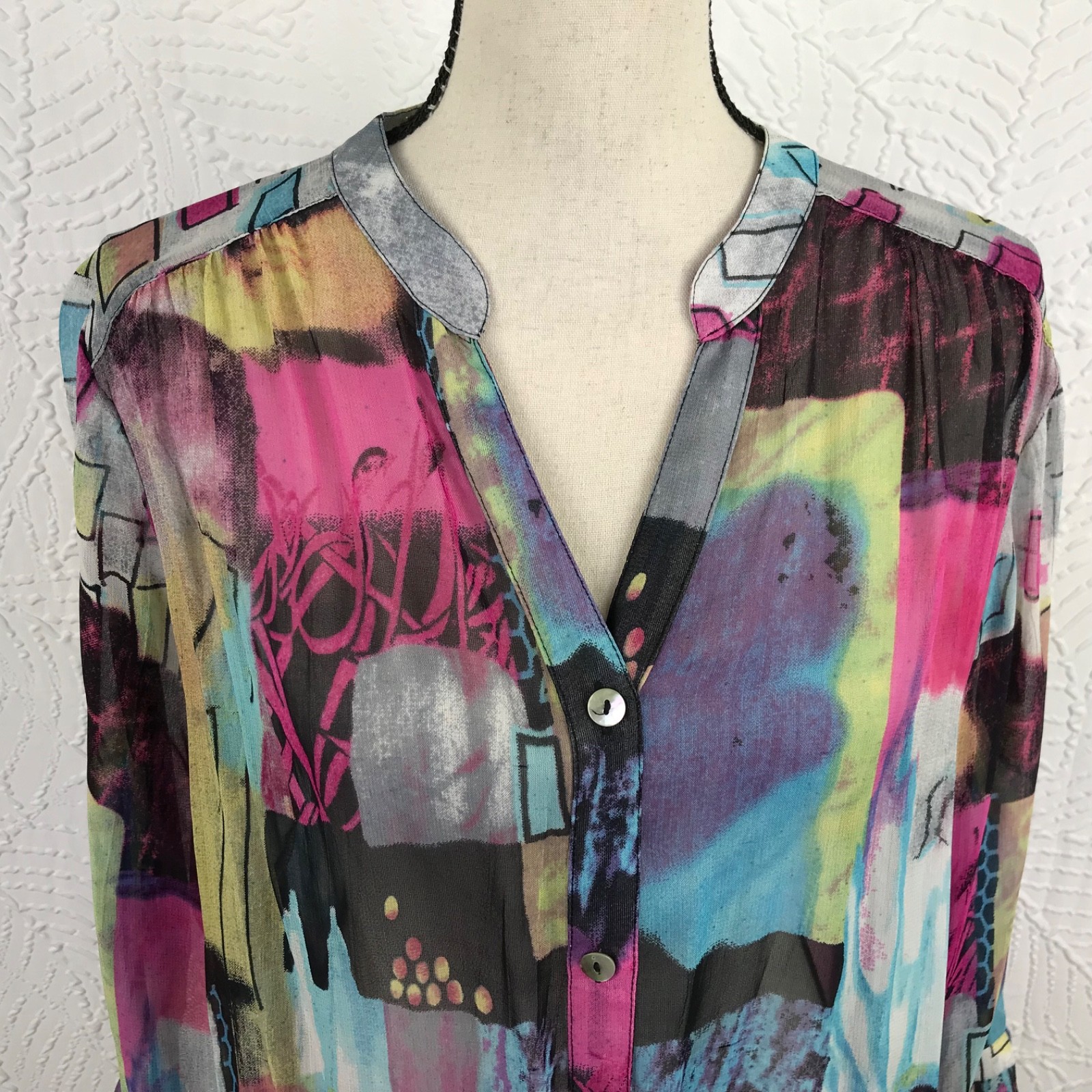 Parsley & Sage Sheer Shirt Blouse Tunic Size L Art to Wear Colorful Lightweight