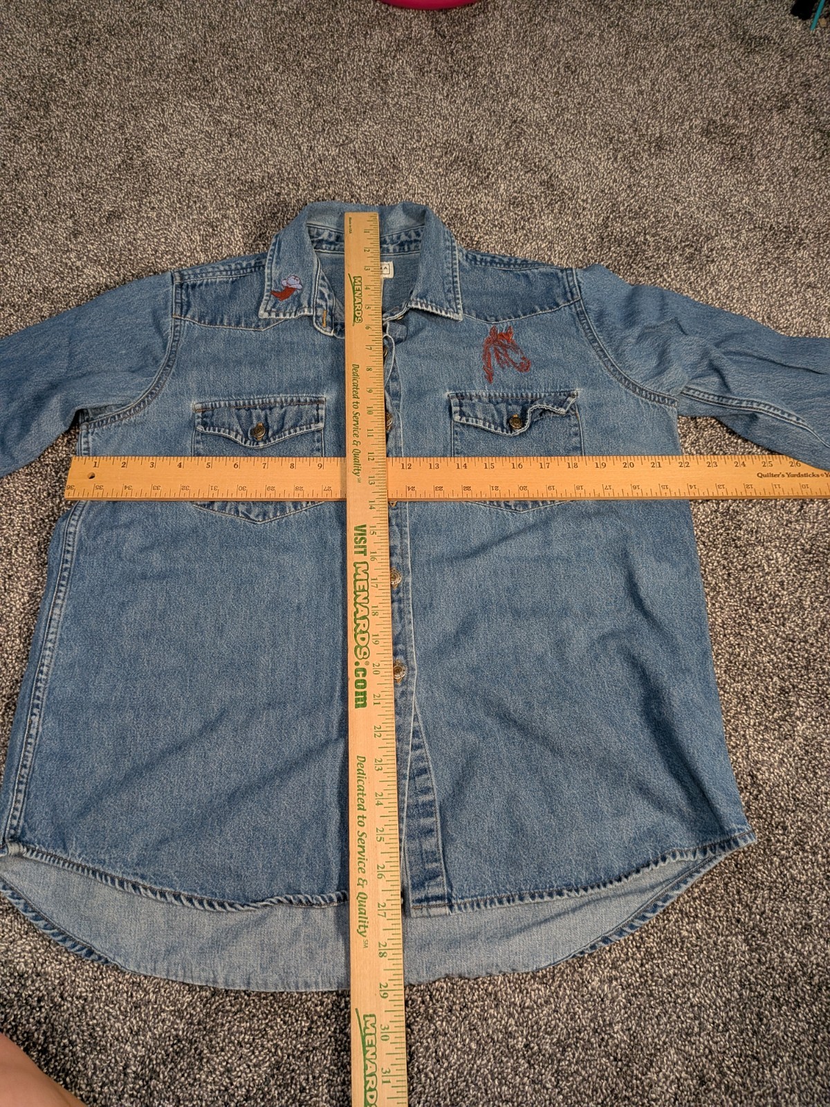 Vintage 90s Embroidered Denim Button Up Shirt Horse Boots Cowboy Western Large