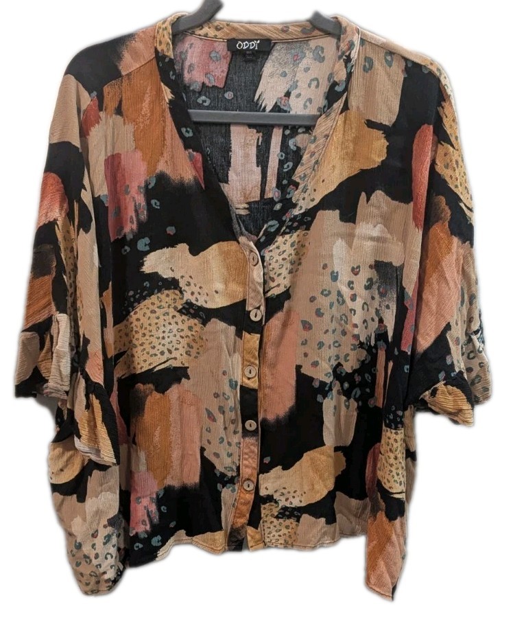 Oddy Women’s M/L Blouse Patchwork Lagenlook Ruffle Sleeve Oversized Wood Buttons