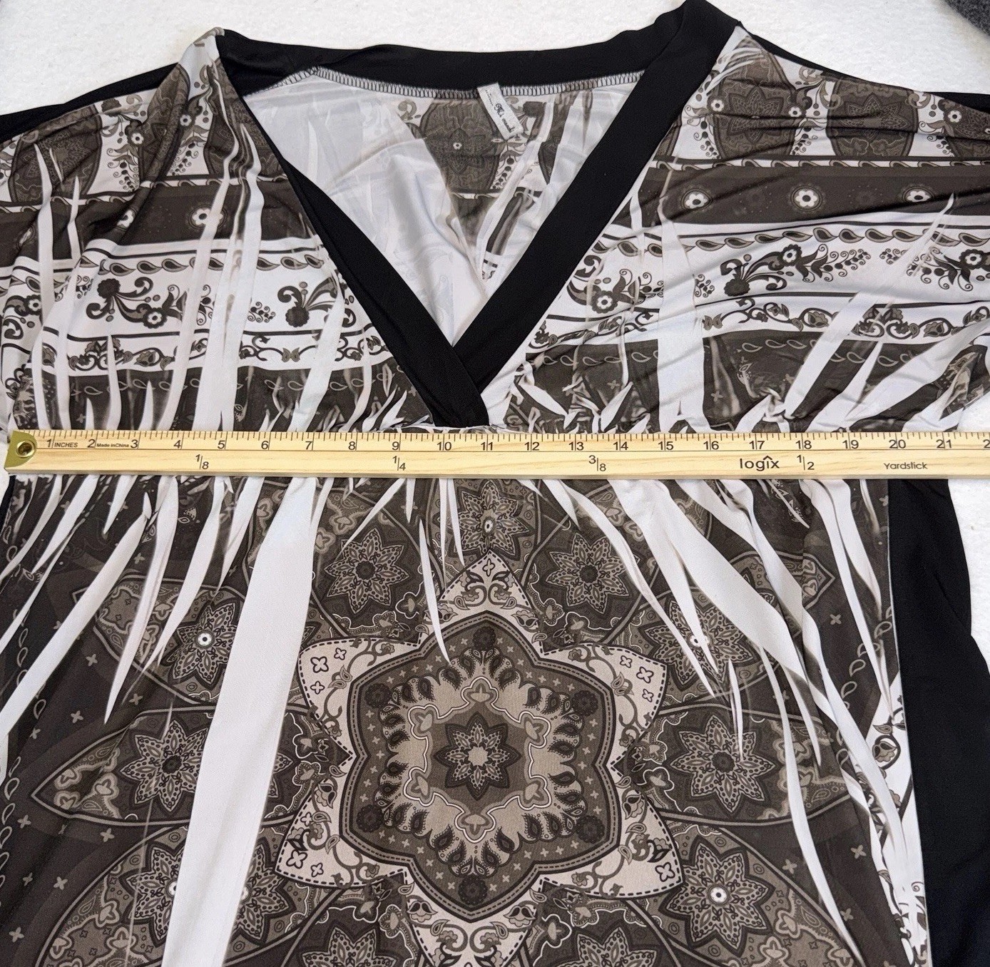 Mi Manchi XL 1X Brown Cream Paisley Tunic Top V Neck Dolman Short Sleeve USA